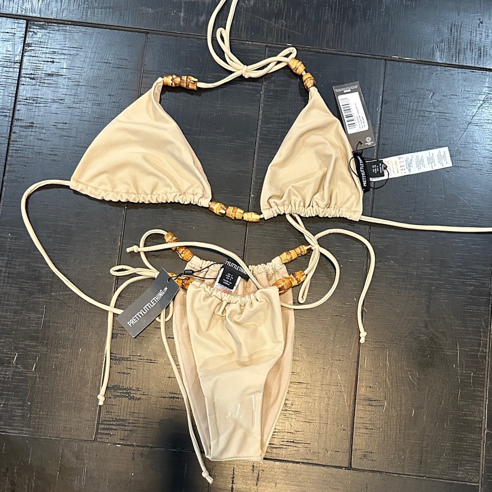 PrettyLittleThing Cream Bikini with Bead Details